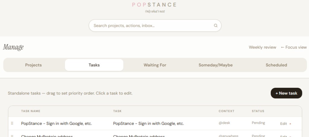 PopStance Manage — Tasks list with priority drag order